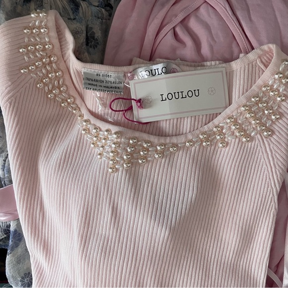 LOULOU light pink quarter sleeved ribbed top with beading - Picture 6 of 8